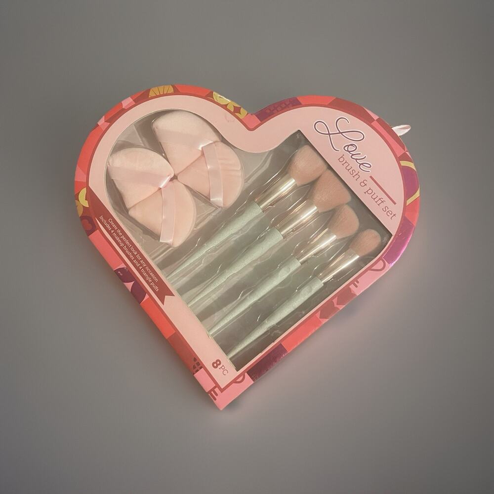 Love Brush And Puff Makeup Tool Valentines Heart Accessory 8 Piece Set